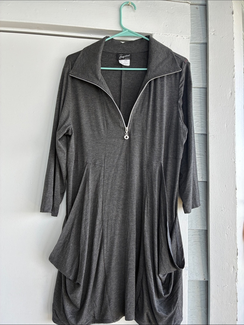 Charcoal Gray Zip-Front Tunic with Drape Pockets